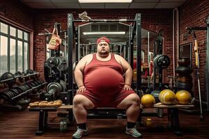 contento joven gordito exceso de peso más Talla grande grasa ajuste rutina de ejercicio ropa calentar arriba tren comer hamburguesa estudio hogar gimnasio antecedentes ,generativo ai foto