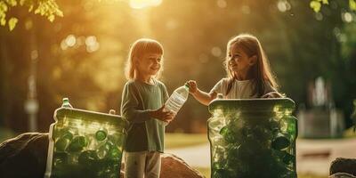 Close up hand kids dropping the bottle Separating waste plastic bottles into recycling bins is to protect the environment ,Generative AI photo