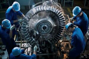 Engineering Worker man assemble a turbine , Generative AI . photo