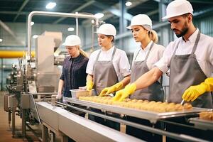 trabajadores equipo embalaje chocolates en producción línea en chocolate fábrica ,generativo ai . foto