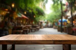 Wooden table top with blur background of outdoor cafe ,Generative AI photo