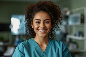 Smiling woman medical  standing together outside a hospital ,Generative AI. photo