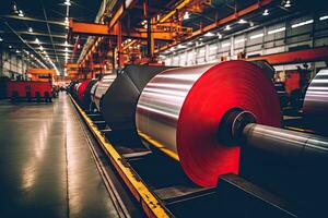 Roll of steel , colour , sheet in factory , Generative AI . photo