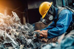 A worker in safety gear sorting through a pile of recyclable materials for environmental sustainability ,Generative AI photo