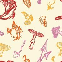 Poisonous mushrooms seamless pattern. Ornament of autumn forest. Vector illustration in retro style. Abstract design for halloween decor, wallpaper, background.