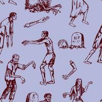 Halloween zombies sketches seamless pattern. Ornament of tombstones, walking dead people, scary monsters, graves. Vector illustration in retro engraving style.