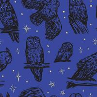 Owls birds seamless pattern. Ornament of realistic sketches of wild animals. Vector illustration in retro engraving style.