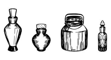 conjunto de Clásico frascos y contenedores vacío botellas tinta bocetos vector recopilación. mano dibujado clipart aislado en blanco.