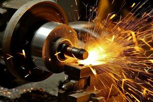 Finishing metal working on lathe grinder machine with sparks , Generative AI . photo