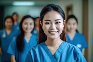 médico Asia trabajadores equipo son reunión en el oficina. generativo ai. foto