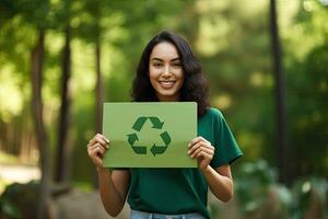 Happy woman holding paper with green recycling sign over natural background ,Generative AI photo