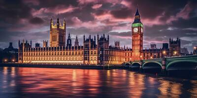 grande ben y el casas de parlamento a puesta de sol en Londres, Reino Unido ,generativo ai foto