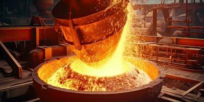 Close up cast iron process, liquid molten metal pouring in ladle, industrial metallurgical foundry factory, heavy industry. Generative AI. photo