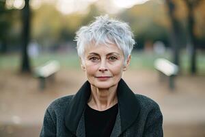 A woman in 60s, short gray hair, Park background , Generative AI photo