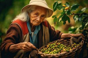 Old woman South America picking coffee from a coffee plantation at fram ,Generative AI photo