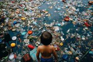 niño mirando a un lote de el plastico residuos en el agua generativa ai . foto