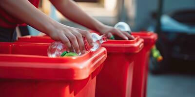 Close up hand separating waste plastic bottles into recycling bins is to protect the environment , copy space for text  ,Generative AI photo