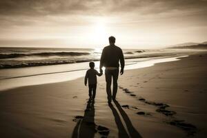 Dad and son in warm sweaters walk hand in hand to the sea on a sandy beach. Silhouettes of a young man and a little boy in the setting sun. Generated AI. photo