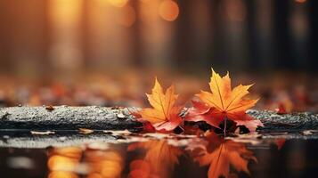 Web banner design for autumn season and end year activity with red and yellow maple leaves with soft focus light. Generative AI photo