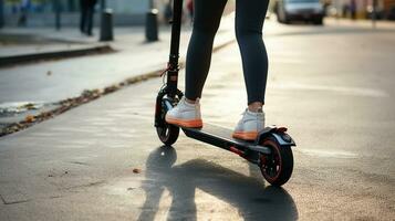 desconocido muchachas elegante paseo patinar mediante el ciudad con montando en un negro eléctrico scooter. generativo ai foto