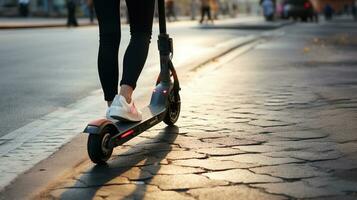 urbano aventura. desconocido muchachas con blanco zapatillas en un eléctrico scooter. generativo ai foto