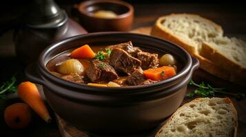 Hearty Beef Stew with potato in crock pot and a side of toast. Generative AI photo