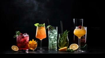 Classic drink menu concept. Cocktails assortment served on dark background. Generative AI photo