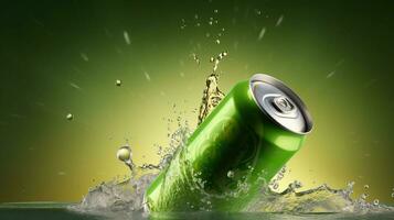 Splash into Flavor. Green Can Soft Drink Makes a Big Splash. Generative AI photo