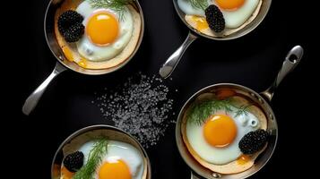 Four sunny - side up eggs freshly cooked in the same pan, garnished with caviar. Generative AI photo