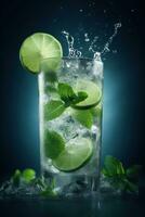 Closeup of a deliciously refreshing mojito drink, clearly visible water from the ice. Generative AI photo