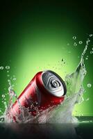 Splash into Flavor. Green Can Soft Drink Makes a Big Splash. Generative AI photo