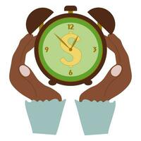 Businesswoman hand handle a Clock. Time is money. Vector time and financial management illustration. Flat style Business picture. Woman hands and Watches. Timing, planning, entrepreneur, meeting.