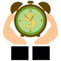 Businesswoman hand point at Wristwathes. Time is money. Vector time and financial management illustration. Flat style Business picture. Woman hands and Clock. Timing, planning, entrepreneur, meeting.