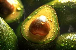 cerca aguacate con agua gotas en él, generativo ai foto