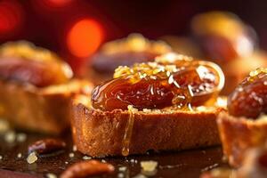 Saudi Arab Dates toast, macro shot of a fresh breakfast with Dripping Honey, AI Generated photo