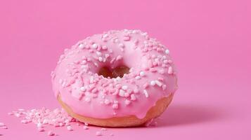 Bitten pink icing donut with marshmallows on pink background, AI Generated photo