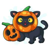 linda gato dibujos animados con Víspera de Todos los Santos calabaza vector