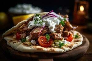 A shawarma with meat and vegetables on it photo