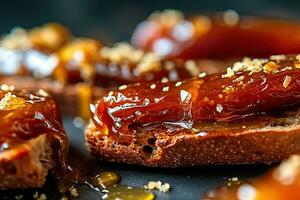 Saudi Arab Dates toast, macro shot of a fresh breakfast with Dripping Honey, AI Generated photo