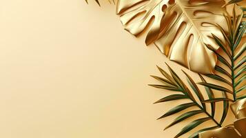 Gold colored tropical palm leaves on beige background AI Generated photo