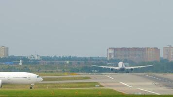 MOSCOW, RUSSIAN FEDERATION SEPTEMBER 12, 2020 - Nordwind Airlines Boeing 777 drives along the taxiway to the start of the runway before taking off from Sheremetyevo International Airport SVO video