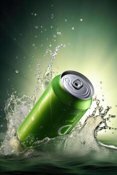Cool and Refreshing. Green Can Soft Drink Unleashes a Splash. Generative AI photo