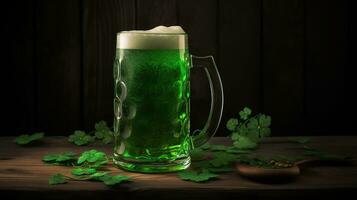 Green beer, leaf clovers scattered around the wood base, St. Patrick's Day beer. Generative AI photo