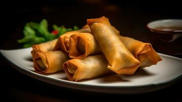 Crispy Spring Rolls - A mouth - watering appetizer with a crunchy exterior and savory fillings. Generative AI photo