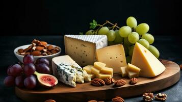 Artful Arrangement - Cheese Platter, Grapes, and Nuts on a Black Marble Board. Generative AI photo