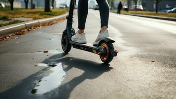 el piernas de un desconocido niña en blanco zapatillas y gimnasio polainas montando en un negro eléctrico scooter terminado urbano asfalto. generativo ai foto