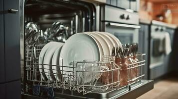A Full Dishwasher and Clean Dishes Await Your Culinary Adventures. Generative AI photo