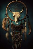 Dreamcatcher with animated bull horns in the middle with crystals and feathers hanging from it. Generative AI photo