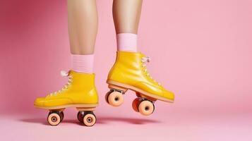 Retro Roller Elegance. A Portrait of Yellow Skates on a Vibrant Canvas. Generative AI photo