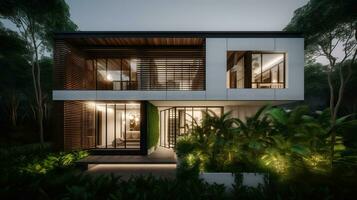 elegancia en naturaleza. contemporáneo blanco casa en medio de lozano tropical verdor y calentar iluminación. generativo ai foto